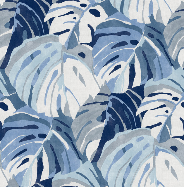 Samara Blue Monstera Leaf Wallpaper by A-Street Prints Designer Pacifica Covers about 56.4 square feet 20.5-in by 33-ft long roll Unpasted 20.8 - Swanky Fabrics -