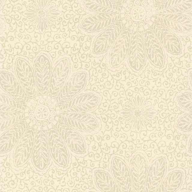 Tribe Sage Modern Floral Scroll Wallpaper by Kenneth James Designer Layla Covers about 56.4 square feet 20.5-in by 33-ft long roll Unpasted 21 - Swanky Fabrics -
