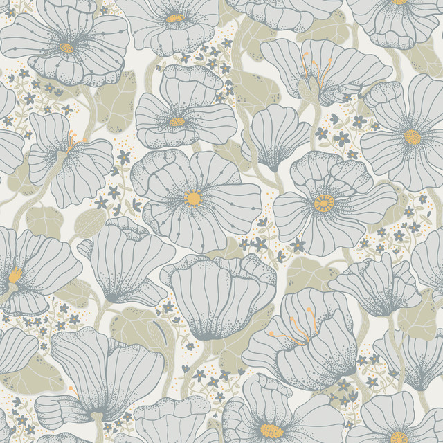 Matilda Blue Poppy Fields Wallpaper by A-Street Prints Designer Lina Covers about 57.5 square feet 20.9-in by 33-ft long roll Unpasted 20.9 - Swanky Fabrics -