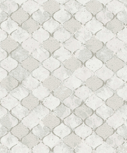 Pilak Silver Ogee Tile Wallpaper by A-Street Prints Designer Lumina Covers about 57.8 square feet 21-in by 33-ft long roll Unpasted 25.2 - Swanky Fabrics -