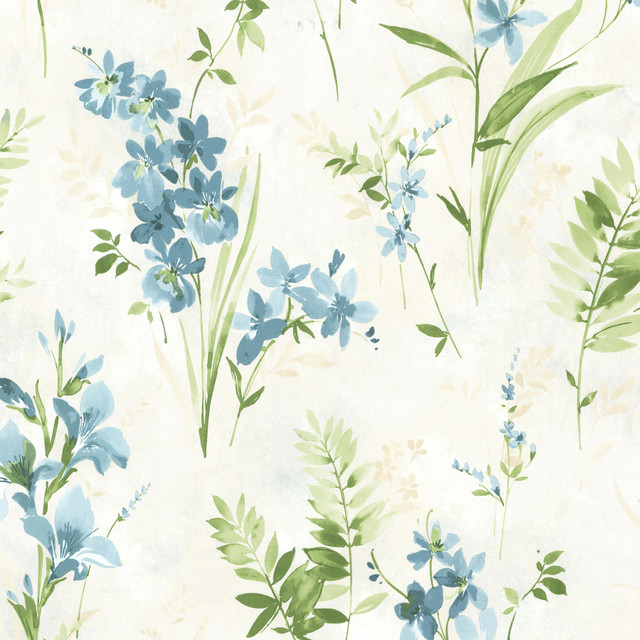 Floral Teal Driselle Wallpaper by Brewster Designer Kitchen, Bed, & Bath IV Covers about 56.4 square feet 20.5-in by 33-ft long roll Unpasted 20.8 - Swanky Fabrics -