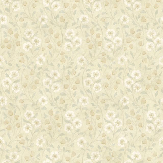 Patsy Beige Floral Wallpaper by Chesapeake Designer Kindred Covers about 56.4 square feet 20.5-in by 33-ft long roll Prepasted 20.5 - Swanky Fabrics -