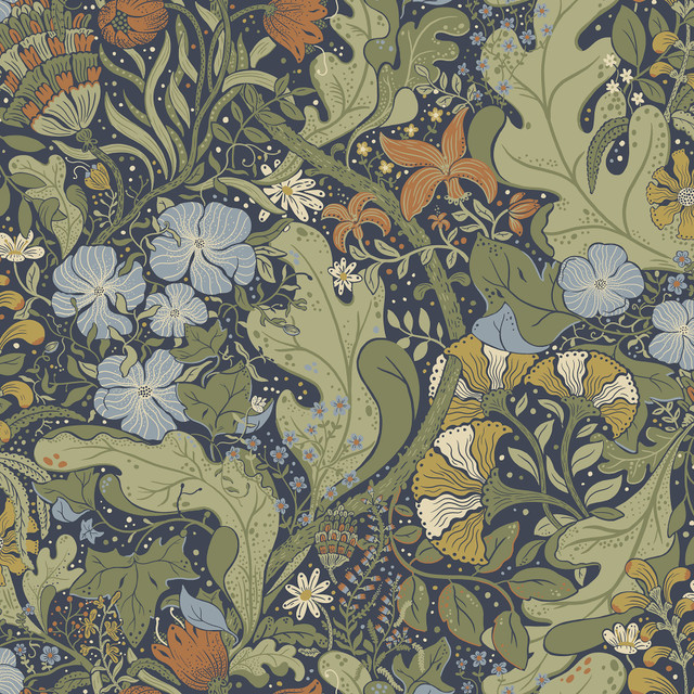 Elise Indigo Nouveau Gardens Wallpaper by A-Street Prints Designer Ingrid Covers about 57.5 square feet 20.9-in by 33-ft long roll Unpasted 20.9 - Swanky Fabrics -