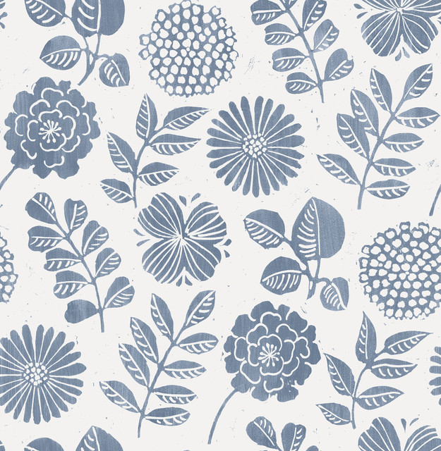Inge Denim Floral Block Print Wallpaper by A-Street Prints Designer Hannah Covers about 56.4 square feet 20.5-in by 33-ft long roll Unpasted 20.9 - Swanky Fabrics - Inge Denim Floral Block Print Wallpaper by A-Street Prints Designer Hannah Covers about 56.4 square feet 20.5-in by 33-ft long roll Unpasted 20.9 - Swanky Fabrics -