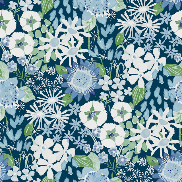 Karina Blue Wildflower Garden Wallpaper by A-Street Prints Designer Hannah Covers about 56.4 square feet 20.5-in by 33-ft long roll Unpasted 20.9 - Swanky Fabrics -