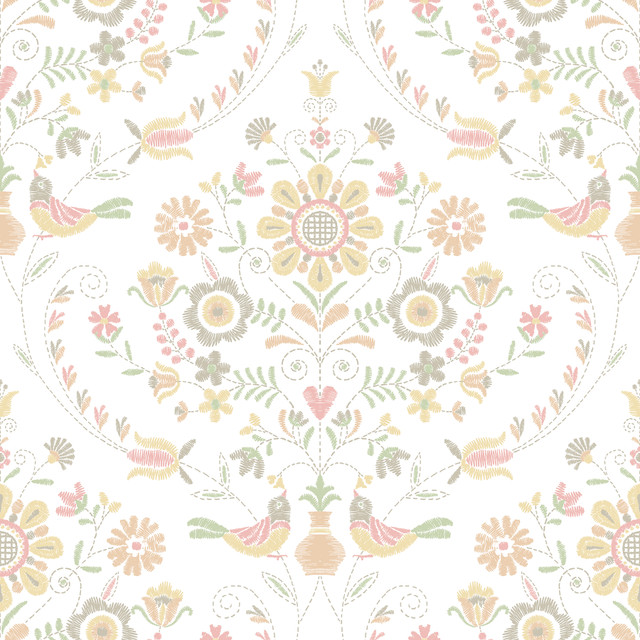 Britt Peach Embroidered Damask Wallpaper by A-Street Prints Designer Hannah Covers about 56.4 square feet 20.5-in by 33-ft long roll Unpasted 20.9 - Swanky Fabrics -