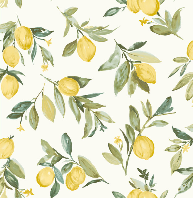 Limon Yellow Fruit Wallpaper by Brewster Designer Fresh Start Kitchen & Bath Covers about 56.4 square feet 20.5-in by 33-ft long roll Unpasted 20.9 - Swanky Fabrics - Limon Yellow Fruit Wallpaper by Brewster Designer Fresh Start Kitchen & Bath Covers about 56.4 square feet 20.5-in by 33-ft long roll Unpasted 20.9 - Swanky Fabrics -