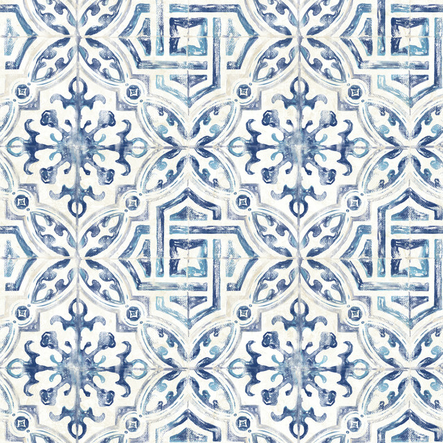 Sonoma Navy Spanish Tile Wallpaper by Brewster Designer Fresh Start Kitchen & Bath Covers about 56.4 square feet 20.5-in by 33-ft long roll Prepasted 20.5 - Swanky Fabrics - Sonoma Navy Spanish Tile Wallpaper by Brewster Designer Fresh Start Kitchen & Bath Covers about 56.4 square feet 20.5-in by 33-ft long roll Prepasted 20.5 - Swanky Fabrics -
