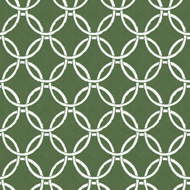 Quelala Green Ring Ogee Wallpaper by Chesapeake Designer Flora & Fauna Covers about 56.4 square feet 20.5-in by 33-ft long roll Prepasted 10.5 - Swanky Fabrics -