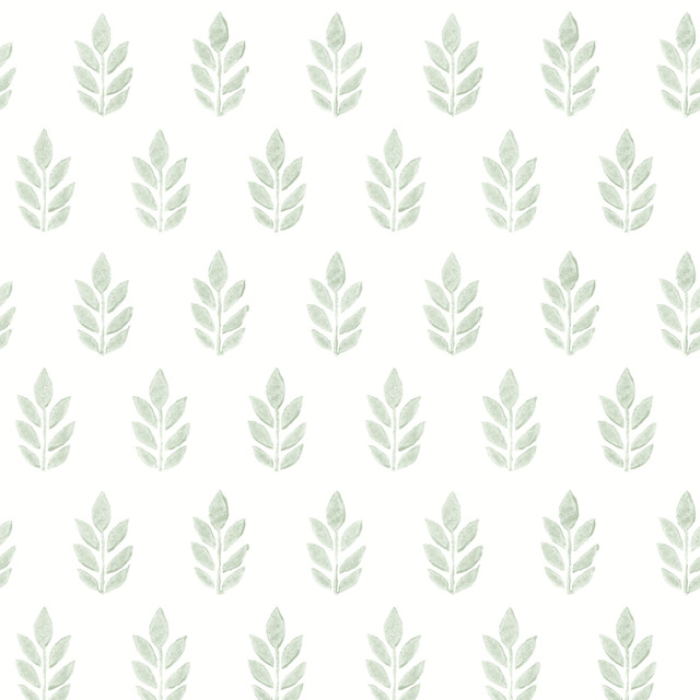 Ervic Green Leaf Block Print Wallpaper by Chesapeake Designer Flora & Fauna Covers about 56.4 square feet 20.5-in by 33-ft long roll Prepasted 7 - Swanky Fabrics -