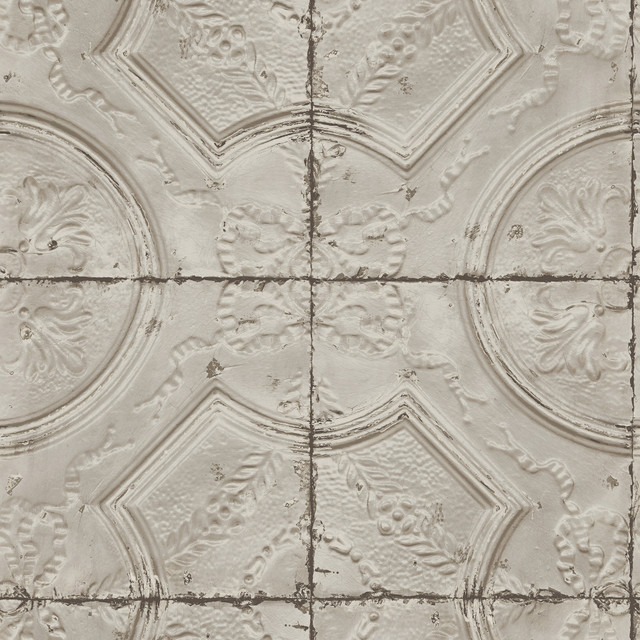 Susanna Taupe Vintage Tin Tile Wallpaper by Chesapeake Designer Farmhouse Covers about 56.4 square feet 20.5-in by 33-ft long roll Prepasted 20.9 - Swanky Fabrics - Susanna Taupe Vintage Tin Tile Wallpaper by Chesapeake Designer Farmhouse Covers about 56.4 square feet 20.5-in by 33-ft long roll Prepasted 20.9 - Swanky Fabrics -