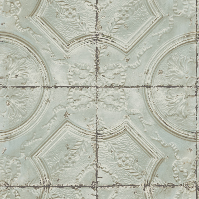 Susanna Teal Vintage Tin Tile Wallpaper by Chesapeake Designer Farmhouse Covers about 56.4 square feet 20.5-in by 33-ft long roll Prepasted 20.9 - Swanky Fabrics - Susanna Teal Vintage Tin Tile Wallpaper by Chesapeake Designer Farmhouse Covers about 56.4 square feet 20.5-in by 33-ft long roll Prepasted 20.9 - Swanky Fabrics -