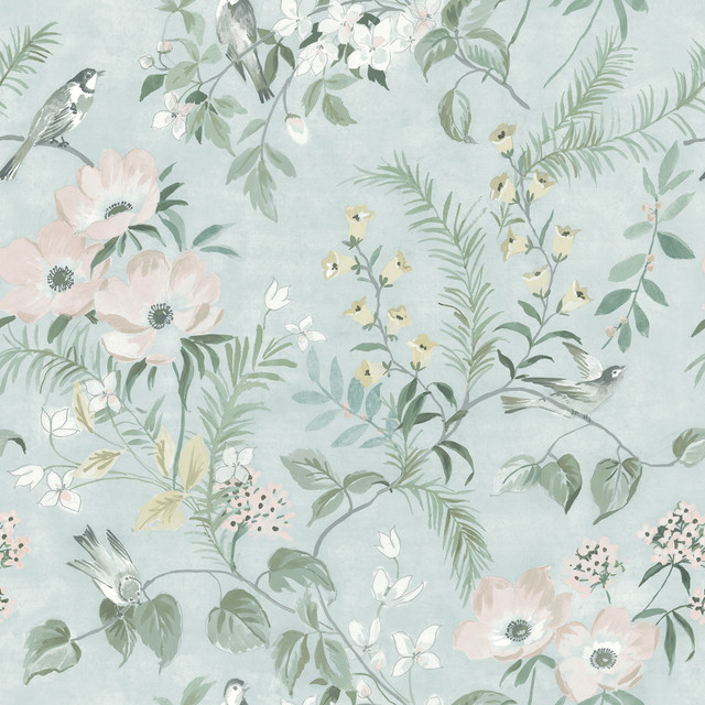 Frederique Mint Floral Wallpaper by Chesapeake Designer Delphine Covers about 56.4 square feet 20.5-in by 33-ft long roll Prepasted 20.5 - Swanky Fabrics - Frederique Mint Floral Wallpaper by Chesapeake Designer Delphine Covers about 56.4 square feet 20.5-in by 33-ft long roll Prepasted 20.5 - Swanky Fabrics -