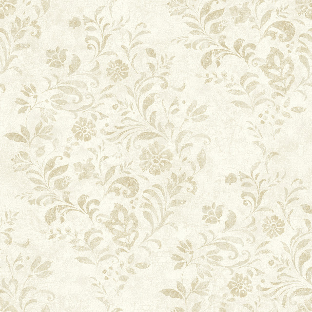 Isidore Wheat Scroll Wallpaper by Chesapeake Designer Delphine Covers about 56.4 square feet 20.5-in by 33-ft long roll Prepasted 20.5 - Swanky Fabrics -