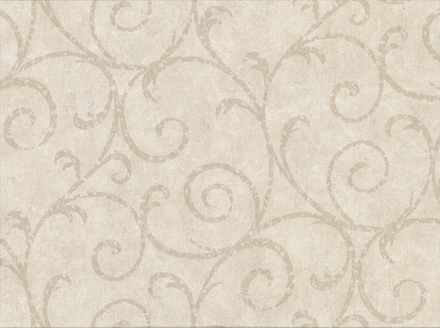 Sansa Beige Plaster Scroll Wallpaper by Warner Designer Cortina IV Covers about 60.8 square feet 27-in by 27-ft long roll Unpasted 18 - Swanky Fabrics -