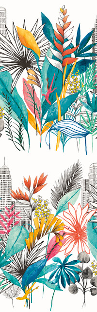 Sierra Blue Urban Tropic Wallpaper by ohpopsi Designer Concept Covers about 54.2 square feet 19.7-in by 33-ft long roll Unpasted 63 - Swanky Fabrics -
