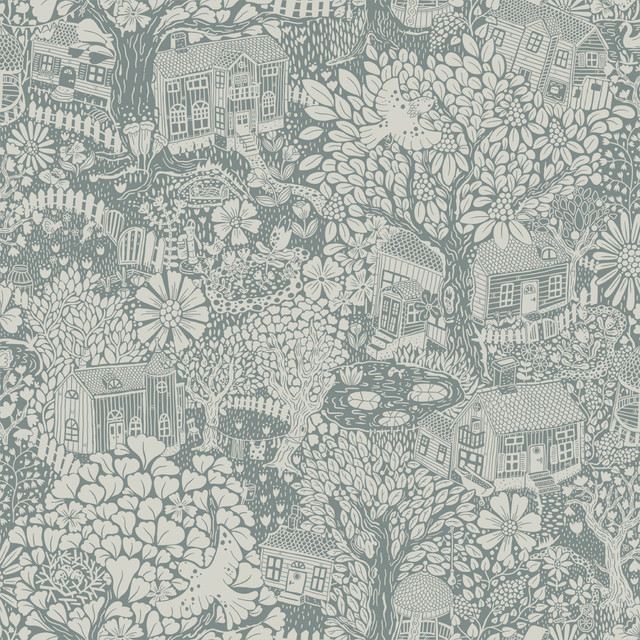 Bygga Bo Blue Woodland Village Wallpaper by A-Street Prints Designer Briony Covers about 57.5 square feet 20.9-in by 33-ft long roll Unpasted 20.9 - Swanky Fabrics -