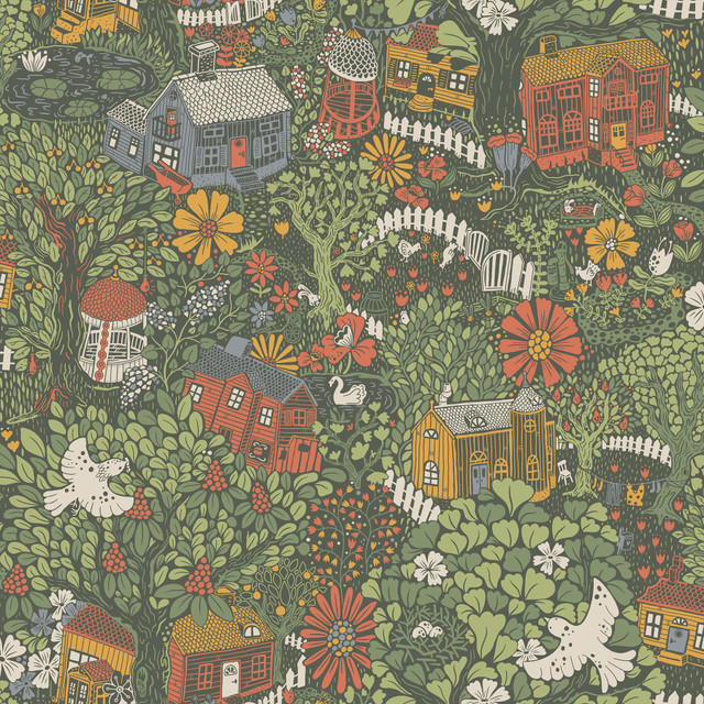 Bygga Bo Green Woodland Village Wallpaper by A-Street Prints Designer Briony Covers about 57.5 square feet 20.9-in by 33-ft long roll Unpasted 20.9 - Swanky Fabrics - Bygga Bo Green Woodland Village Wallpaper by A-Street Prints Designer Briony Covers about 57.5 square feet 20.9-in by 33-ft long roll Unpasted 20.9 - Swanky Fabrics -