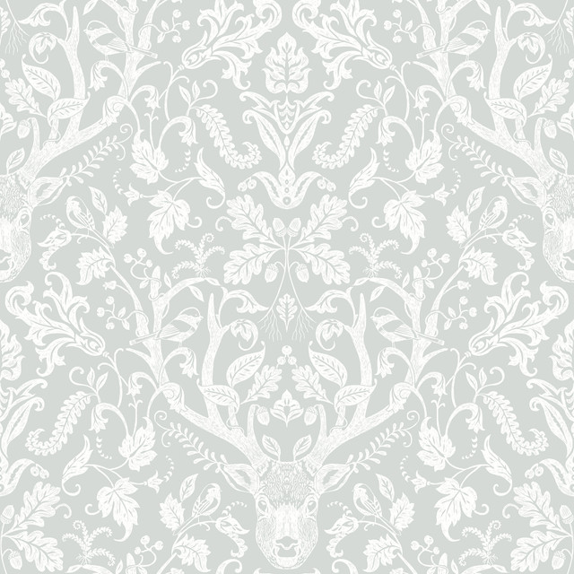 Kiwassa Grey Antler Damask Wallpaper by Chesapeake Designer Birch & Sparrow Covers about 56.4 square feet 20.5-in by 33-ft long roll Prepasted 20.5 - Swanky Fabrics -