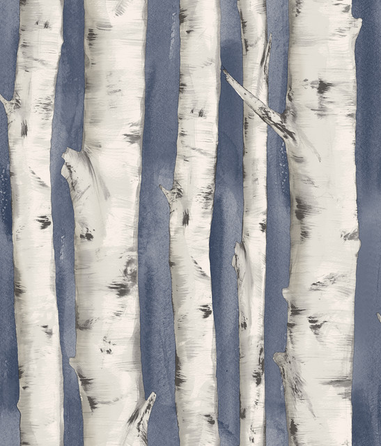 Pioneer Denim Birch Tree Wallpaper by Chesapeake Designer Birch & Sparrow Covers about 56.4 square feet 20.5-in by 33-ft long roll Prepasted 24 - Swanky Fabrics - Pioneer Denim Birch Tree Wallpaper by Chesapeake Designer Birch & Sparrow Covers about 56.4 square feet 20.5-in by 33-ft long roll Prepasted 24 - Swanky Fabrics -