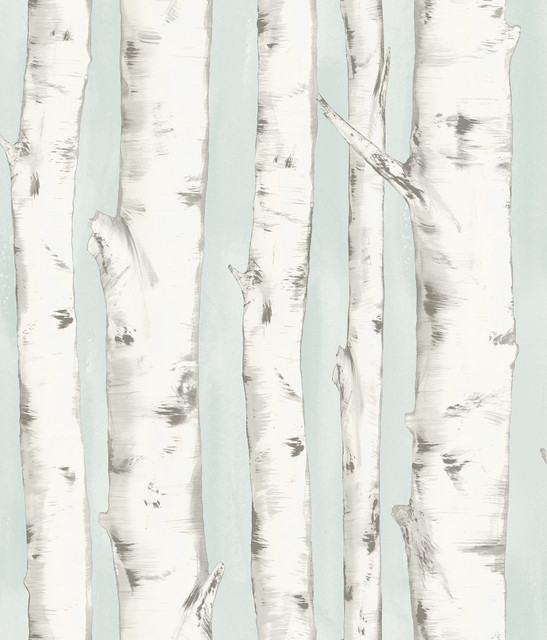 Pioneer Light Blue Birch Tree Wallpaper by Chesapeake Designer Birch & Sparrow Covers about 56.4 square feet 20.5-in by 33-ft long roll Prepasted 24 - Swanky Fabrics -