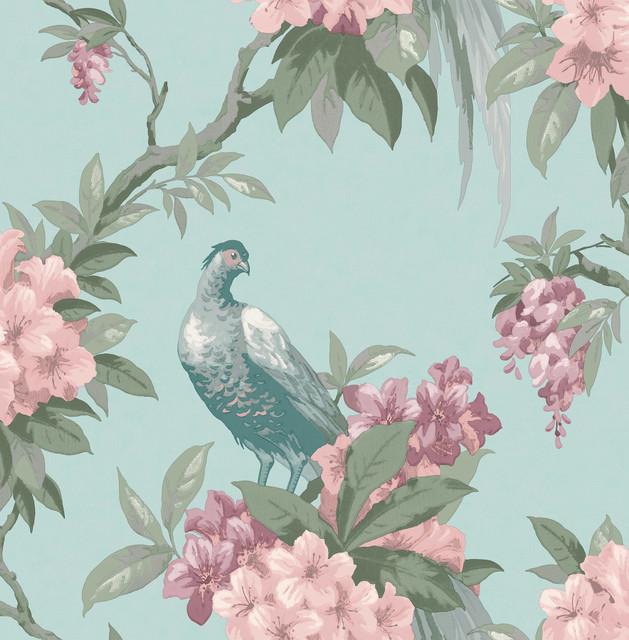 Golden Pheasant Aqua Floral Wallpaper by Brewster Designer Archive Collection Covers about 56.4 square feet 20.5-in by 33-ft long roll Unpasted 21 - Swanky Fabrics - Golden Pheasant Aqua Floral Wallpaper by Brewster Designer Archive Collection Covers about 56.4 square feet 20.5-in by 33-ft long roll Unpasted 21 - Swanky Fabrics -