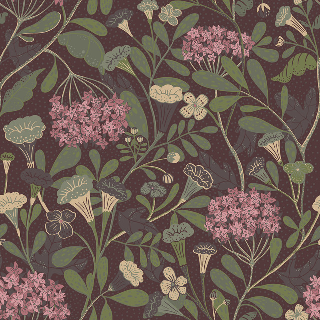 Hybbe Purple Garden Wallpaper by A-Street Prints Designer Annelie Covers about 57.5 square feet 20.9-in by 33-ft long roll Unpasted 20.9 - Swanky Fabrics -