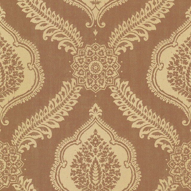 Zoraya Copper Damask Wallpaper by Kenneth James Designer Alhambra Covers about 56.4 square feet 20.5-in by 33-ft long roll Unpasted 21.9 - Swanky Fabrics -