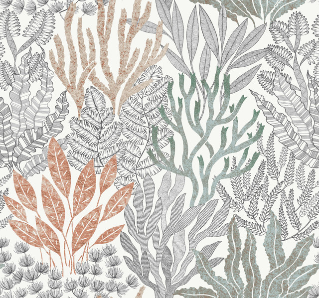 Coral Leaves Coral Black Wallpaper by York Wallcoverings Designer Toile Resource Library Covers about 60.8 square feet 27-in by 27-ft long roll Unpasted 25.25 - Swanky Fabrics - Coral Leaves Coral Black Wallpaper by York Wallcoverings Designer Toile Resource Library Covers about 60.8 square feet 27-in by 27-ft long roll Unpasted 25.25 - Swanky Fabrics -