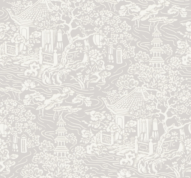 Chinoiserie Grey Wallpaper by Ronald Redding Designer Tea Garden Covers about 60.8 square feet 27-in by 27-ft long roll Unpasted 25.25 - Swanky Fabrics -