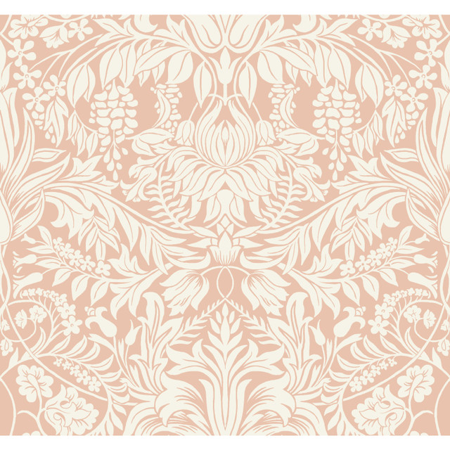 Lockwood Damask Blush Wallpaper by Ronald Redding Designer Arts and Crafts Covers about 60.8 square feet 27-in by 27-ft long roll Unpasted 25.25 - Swanky Fabrics -