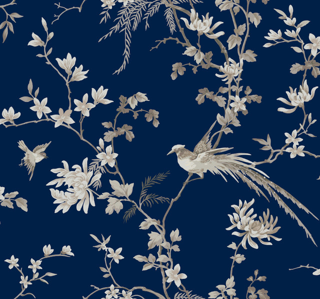Bird & Blossom Chinoserie Blue Wallpaper by Ronald Redding Designer 24 Karat Covers about 60.8 square feet 27-in by 27-ft long roll Unpasted 25.25 - Swanky Fabrics -