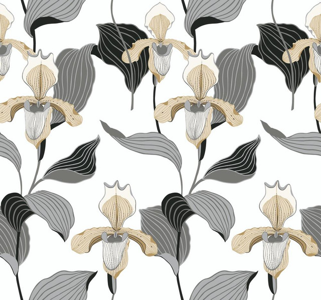 Lady Slipper Gold & Grey Wallpaper by Inspired by Color Designer Black & White, III Covers about 60.8 square feet 27-in by 27-ft long roll Unpasted 25.25 - Swanky Fabrics -