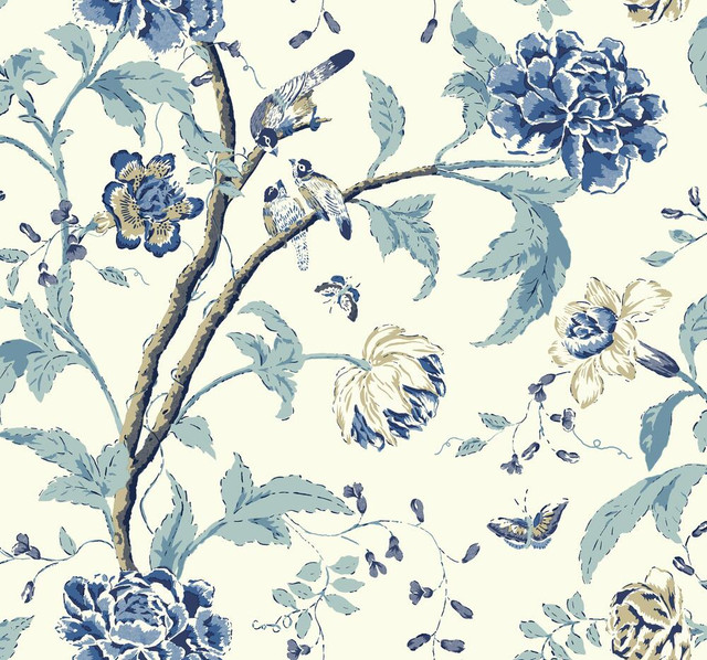 Teahouse Floral Green Wallpaper by Inspired by Color Designer Blues II Covers about 60.8 square feet 27-in by 27-ft long roll Prepasted 25.25 - Swanky Fabrics -