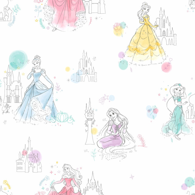 Disney Princess Pretty Elegant White Wallpaper by York Wallcoverings Designer Disney Kids Vol. 4 Covers about 56.4 square feet 20.5-in by 33-ft long roll Unpasted 20.5 - Swanky Fabrics - Disney Princess Pretty Elegant White Wallpaper by York Wallcoverings Designer Disney Kids Vol. 4 Covers about 56.4 square feet 20.5-in by 33-ft long roll Unpasted 20.5 - Swanky Fabrics -