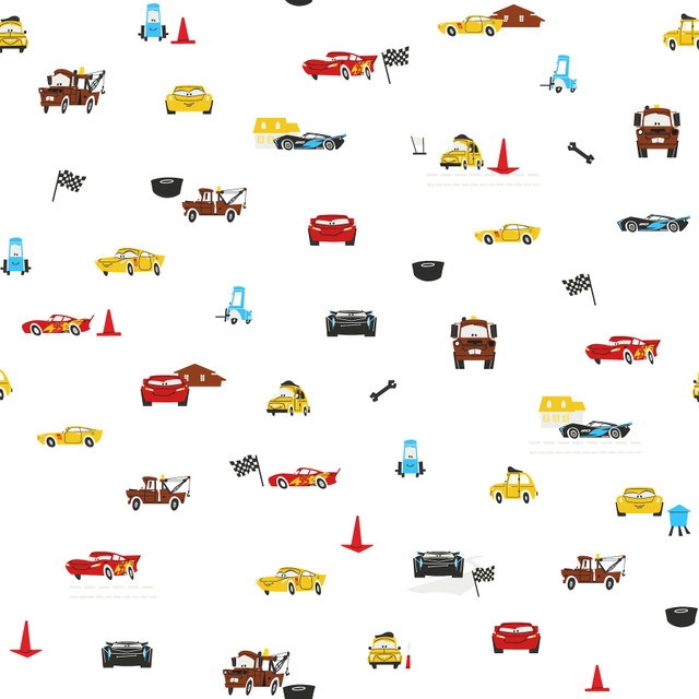 Disney & Pixar Cars Racing Spot White Wallpaper by York Wallcoverings Designer Disney Kids Vol. 4 Covers about 56.4 square feet 20.5-in by 33-ft long roll Unpasted 20.5 - Swanky Fabrics - Disney & Pixar Cars Racing Spot White Wallpaper by York Wallcoverings Designer Disney Kids Vol. 4 Covers about 56.4 square feet 20.5-in by 33-ft long roll Unpasted 20.5 - Swanky Fabrics -
