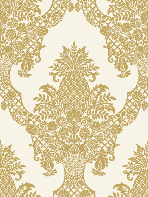 Pineapple Plantation Gold Wallpaper by York Wallcoverings Designer Damask Resource Library Covers about 60.8 square feet 27-in by 27-ft long roll Prepasted 36 - Swanky Fabrics -