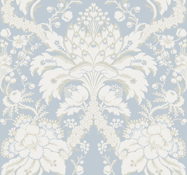 French Artichoke Dam Blue Wallpaper by York Wallcoverings Designer Damask Resource Library Covers about 60.8 square feet 27-in by 27-ft long roll Prepasted 25.25 - Swanky Fabrics -