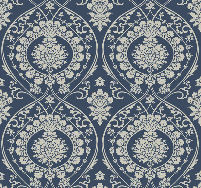 Imperial Damask Navy & Silver Wallpaper by York Wallcoverings Designer Shimmering Finishes Covers about 60.8 square feet 27-in by 27-ft long roll Unpasted 12.6 - Swanky Fabrics -