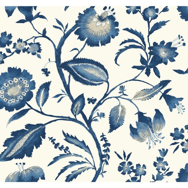 Watercolor Jacobean Blue & White Wallpaper by York Wallcoverings Designer Ashford Tropics Covers about 60.8 square feet 27-in by 27-ft long roll Prepasted 25.25 - Swanky Fabrics - Watercolor Jacobean Blue & White Wallpaper by York Wallcoverings Designer Ashford Tropics Covers about 60.8 square feet 27-in by 27-ft long roll Prepasted 25.25 - Swanky Fabrics -