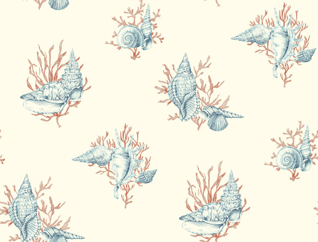 Shell Toile Orange & Blue Wallpaper by Ashford House Designer Ashford Toiles Covers about 60.8 square feet 27-in by 27-ft long roll Prepasted 20.5 - Swanky Fabrics -
