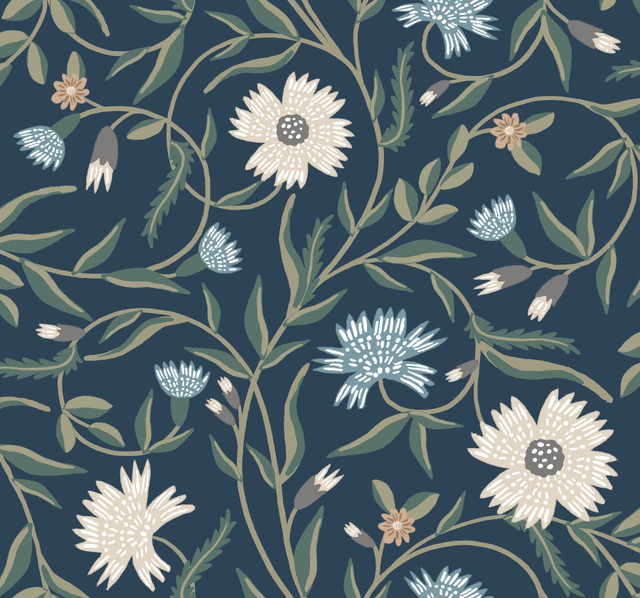 Aster Navy Wallpaper by Rifle Paper Co. Designer Rifle Paper Co. 3rd Edition Covers about 60.8 square feet 27-in by 27-ft long roll Unpasted 25.25 - Swanky Fabrics - Aster Navy Wallpaper by Rifle Paper Co. Designer Rifle Paper Co. 3rd Edition Covers about 60.8 square feet 27-in by 27-ft long roll Unpasted 25.25 - Swanky Fabrics -