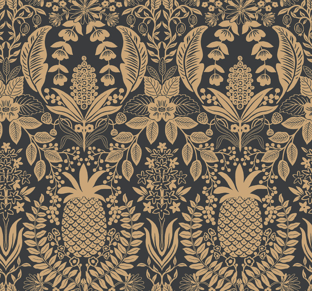 Pineapple Damask Black Wallpaper by Rifle Paper Co. Designer Rifle Paper Co. 3rd Edition Covers about 60.8 square feet 27-in by 27-ft long roll Unpasted 25.25 - Swanky Fabrics -