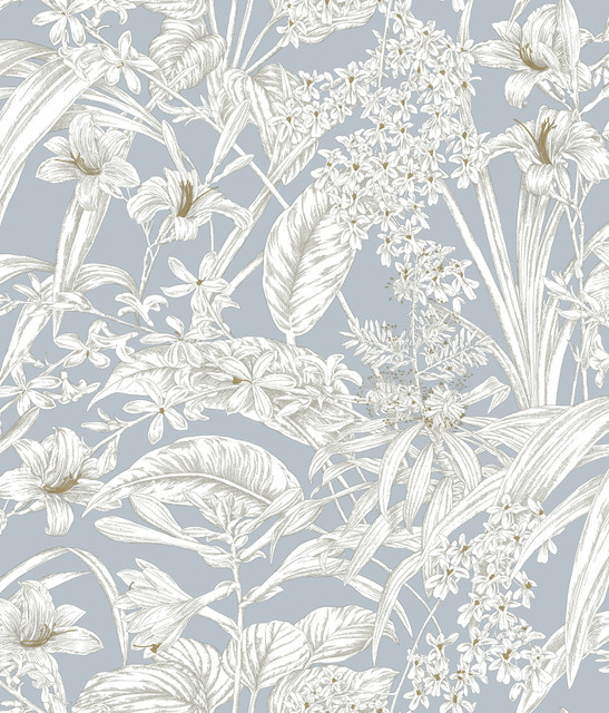 Orchid Conservatory Toile Blue & Taupe Wallpaper by York Wallcoverings Designer Toile Resource Library Covers about 56.4 square feet 20.5-in by 33-ft long roll Unpasted 24 - Swanky Fabrics - Orchid Conservatory Toile Blue & Taupe Wallpaper by York Wallcoverings Designer Toile Resource Library Covers about 56.4 square feet 20.5-in by 33-ft long roll Unpasted 24 - Swanky Fabrics -