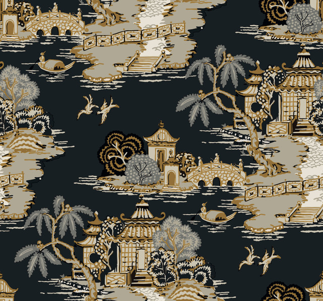 Pagoda And Sampan Scenic Black Wallpaper by York Wallcoverings Designer Toile Resource Library Covers about 60.8 square feet 27-in by 27-ft long roll Unpasted 25.25 - Swanky Fabrics - Pagoda And Sampan Scenic Black Wallpaper by York Wallcoverings Designer Toile Resource Library Covers about 60.8 square feet 27-in by 27-ft long roll Unpasted 25.25 - Swanky Fabrics -