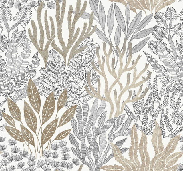 Coral Leaves Taupe & Black Wallpaper by York Wallcoverings Designer Toile Resource Library Covers about 60.8 square feet 27-in by 27-ft long roll Unpasted 25.25 - Swanky Fabrics - Coral Leaves Taupe & Black Wallpaper by York Wallcoverings Designer Toile Resource Library Covers about 60.8 square feet 27-in by 27-ft long roll Unpasted 25.25 - Swanky Fabrics -