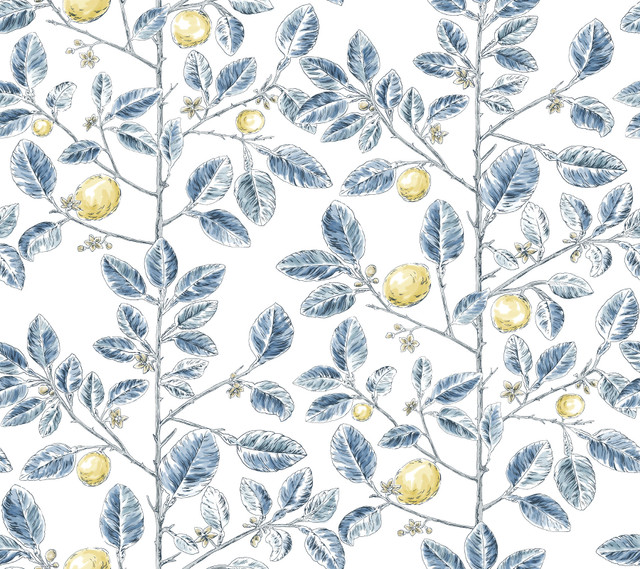 Limoncello Toile Blue Wallpaper by York Wallcoverings Designer Toile Resource Library Covers about 60.8 square feet 27-in by 27-ft long roll Unpasted 24 - Swanky Fabrics - Limoncello Toile Blue Wallpaper by York Wallcoverings Designer Toile Resource Library Covers about 60.8 square feet 27-in by 27-ft long roll Unpasted 24 - Swanky Fabrics -