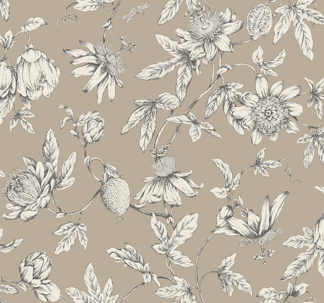 Passion Flower Toile Linen Wallpaper by York Wallcoverings Designer Toile Resource Library Covers about 60.8 square feet 27-in by 27-ft long roll Unpasted 25.25 - Swanky Fabrics - Passion Flower Toile Linen Wallpaper by York Wallcoverings Designer Toile Resource Library Covers about 60.8 square feet 27-in by 27-ft long roll Unpasted 25.25 - Swanky Fabrics -