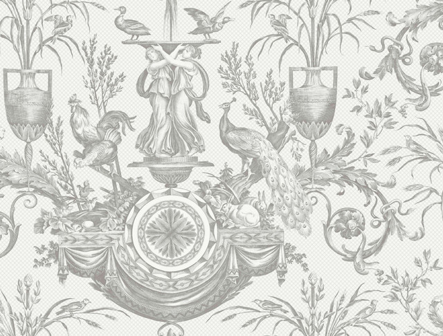 Avian Fountain Toile Grey Wallpaper by York Wallcoverings Designer Toile Resource Library Covers about 60.8 square feet 27-in by 27-ft long roll Unpasted 20.5 - Swanky Fabrics - Avian Fountain Toile Grey Wallpaper by York Wallcoverings Designer Toile Resource Library Covers about 60.8 square feet 27-in by 27-ft long roll Unpasted 20.5 - Swanky Fabrics -