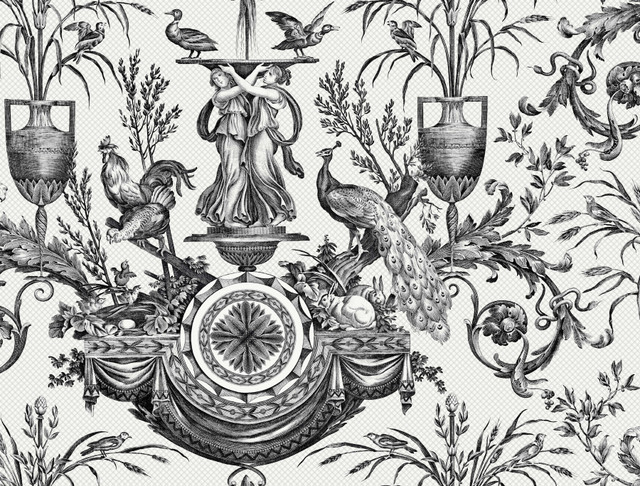 Avian Fountain Toile Black Wallpaper by York Wallcoverings Designer Toile Resource Library Covers about 60.8 square feet 27-in by 27-ft long roll Unpasted 20.5 - Swanky Fabrics - Avian Fountain Toile Black Wallpaper by York Wallcoverings Designer Toile Resource Library Covers about 60.8 square feet 27-in by 27-ft long roll Unpasted 20.5 - Swanky Fabrics -